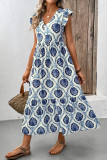 Ethnic Style Printed Loose V-Neck Ruffle Edge Dress
