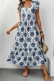 Ethnic Style Printed Loose V-Neck Ruffle Edge Dress