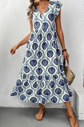 Ethnic Style Printed Loose V-Neck Ruffle Edge Dress