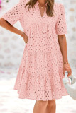 V-Neck Short Sleeved Hollow Solid Color Dress