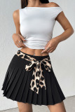 Summer Leopard Print Waist Belt Pleated Skirt