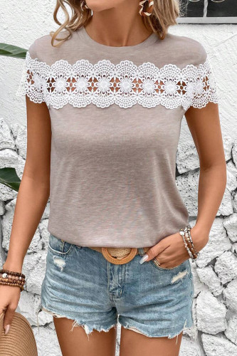 Fashion Round Neck Lace Patchwork Short Sleeved Shirt