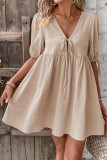 Loose Deep V-Neck Lace Up Short Sleeved Dress