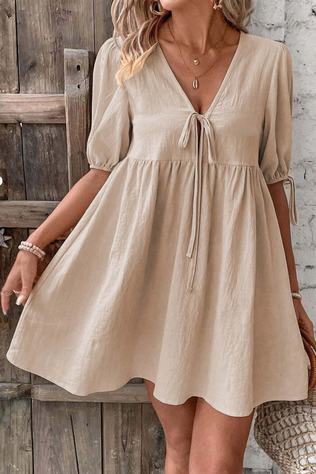 Loose Deep V-Neck Lace Up Short Sleeved Dress