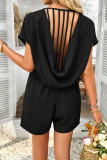 Bohemian Solid Color Hollow Out Short Sleeved Jumpsuit