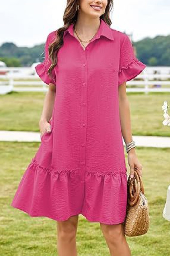 Solid Color V-Neck Ruffle Edge Short Sleeve Dress