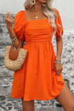 Solid Color Square Neck Bubble Sleeve Dress