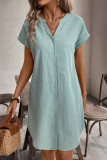 Solid Color V-Neck Button Short Sleeved Dress