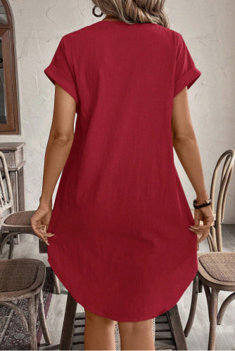Solid Color V-Neck Button Short Sleeved Dress