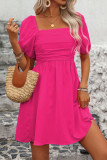 Solid Color Square Neck Bubble Sleeve Dress