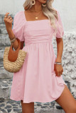 Solid Color Square Neck Bubble Sleeve Dress