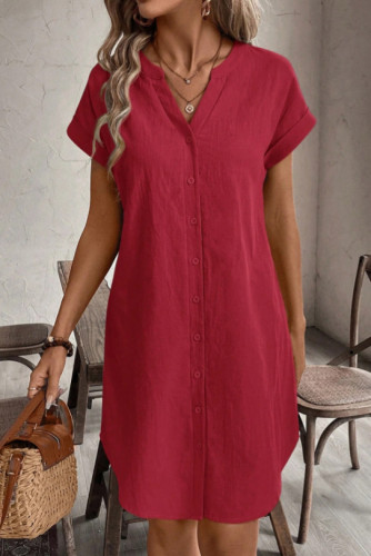 Solid Color V-Neck Button Short Sleeved Dress