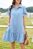 Solid Color V-Neck Ruffle Edge Short Sleeve Dress