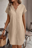 Solid Color V-Neck Button Short Sleeved Dress