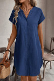 Solid Color V-Neck Button Short Sleeved Dress