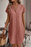 Solid Color V-Neck Button Short Sleeved Dress