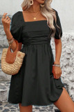 Solid Color Square Neck Bubble Sleeve Dress