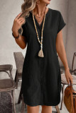 Solid Color V-Neck Button Short Sleeved Dress