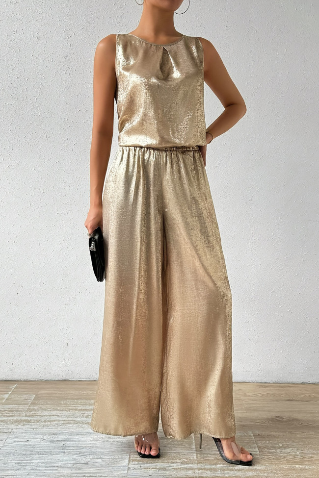 High Waisted Sleeveless Shirt Wide Peg Pants Two-Piece Set