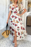 Bohemian V-Neck Short Sleeve Printed Chiffon Dress