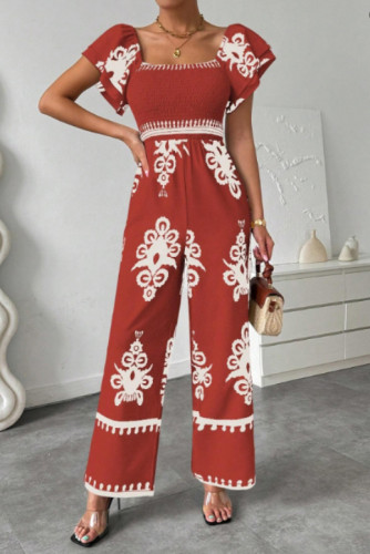 Bohemian Ruffled Short Sleeve Shirt Wide Leg Jumpsuit