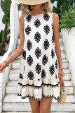 Round Neck Printed Sleeveless Ruffle Edge Dress