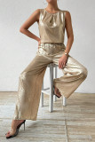 High Waisted Sleeveless Shirt Wide Peg Pants Two-Piece Set