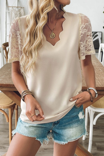 V-Neck Lace Short Sleeved Solid Color Shirt
