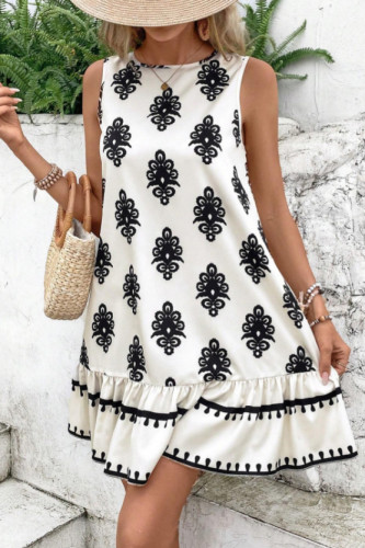 Round Neck Printed Sleeveless Ruffle Edge Dress
