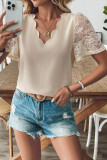 V-Neck Lace Short Sleeved Solid Color Shirt