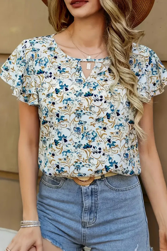 Printed Ruffle Edge Multi-Layer Short Sleeved Shirt