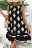 Round Neck Printed Sleeveless Ruffle Edge Dress