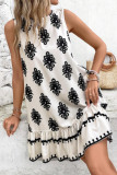 Round Neck Printed Sleeveless Ruffle Edge Dress