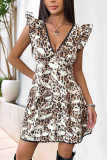 Flying Short Sleeve V-Neck Leopard Print Dress