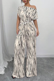 Slanted Shoulder Striped Printed Wide Leg Jumpsuit