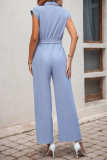 Solid Color Lapel Sleeveless Shirt Jumpsuit