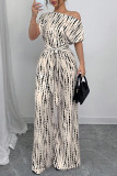 Slanted Shoulder Striped Printed Wide Leg Jumpsuit