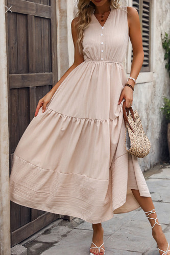 Solid Color V-Neck Sleeveless Button Dress