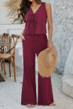 Vacation Style Sleeveless Lace Up Wide Leg Pants Two-Piece Set