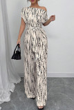 Slanted Shoulder Striped Printed Wide Leg Jumpsuit