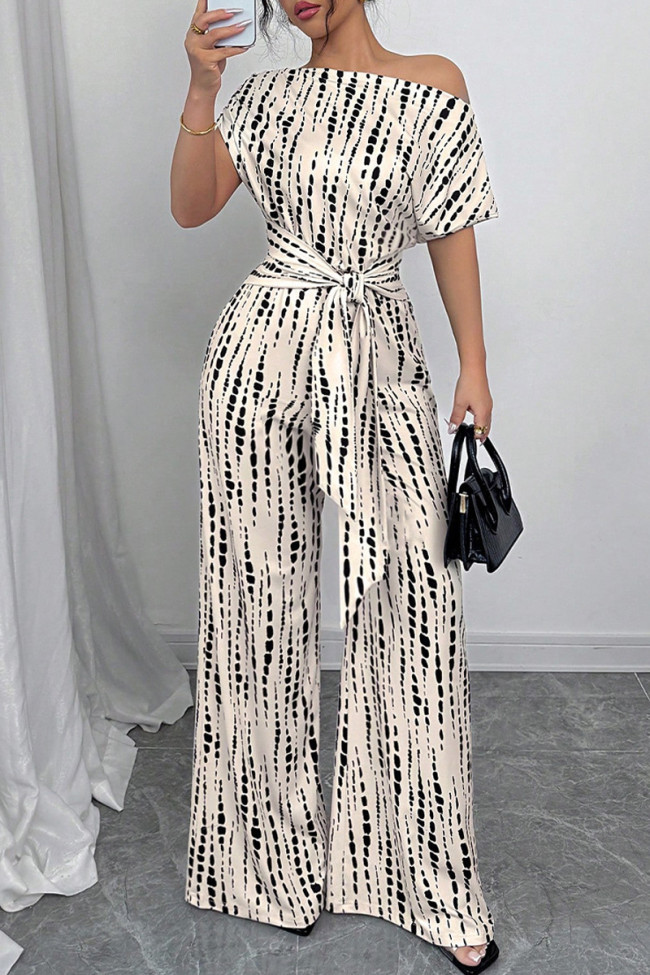 Slanted Shoulder Striped Printed Wide Leg Jumpsuit