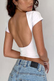 Solid Color Short Sleeve Hollowed Backless T-Shirt