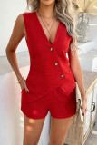 Solid Color Button Cardigan Vest Shorts Two-Piece Set