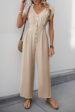 V-Neck Solid Color High Waisted Wide Leg Jumpsuit