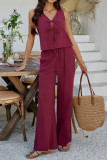 Vacation Style Sleeveless Lace Up Wide Leg Pants Two-Piece Set