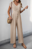 V-Neck Solid Color High Waisted Wide Leg Jumpsuit