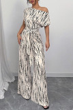 Slanted Shoulder Striped Printed Wide Leg Jumpsuit
