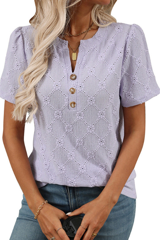 V-Neck Short Sleeved Flower Jacquard Button T-Shirt