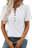 V-Neck Short Sleeved Flower Jacquard Button T-Shirt