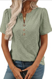 V-Neck Short Sleeved Flower Jacquard Button T-Shirt